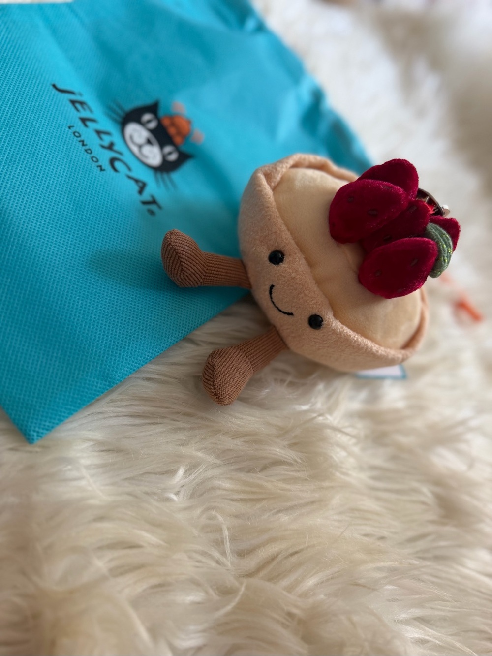 Jellycat Beige Tart Plush with Red Strawberry Cluster
